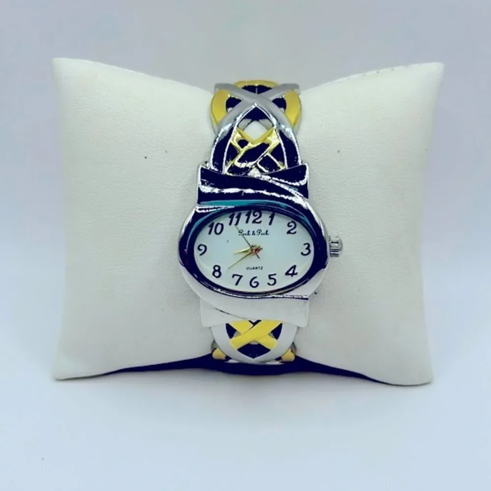 Working! Peck & Peck Two Tone Braided Metal Cuff Bracelet Watch